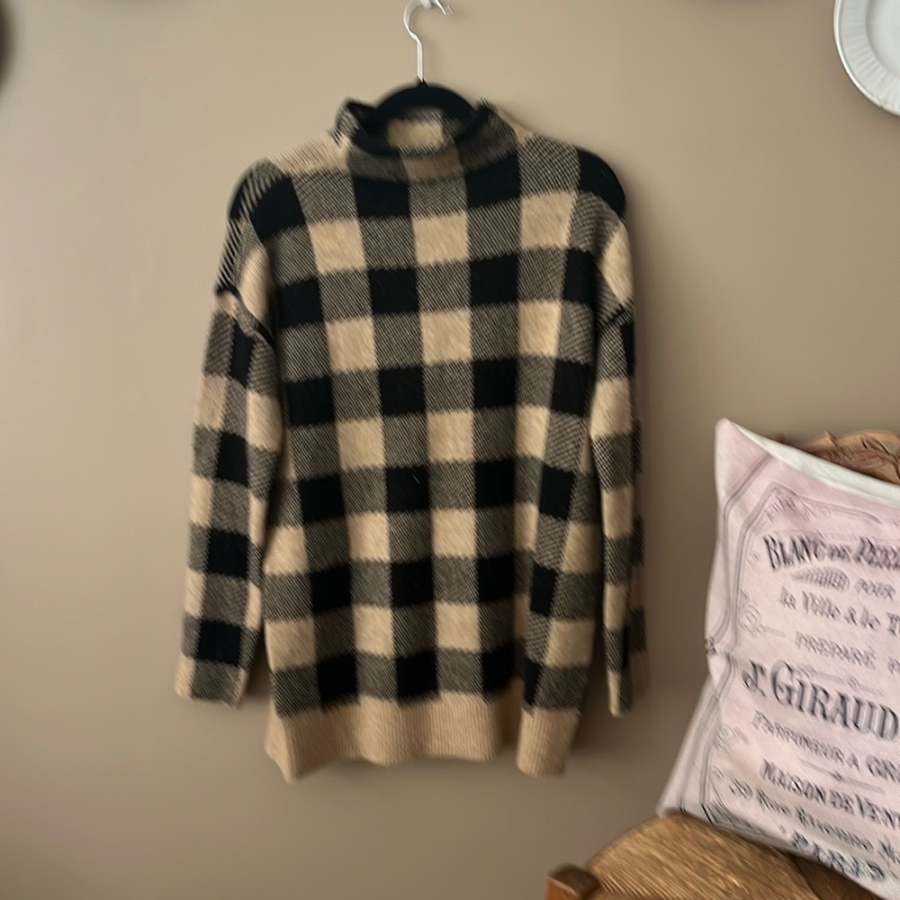 LOFT Sweater/Tunic. Black and Khaki Buffalo Plaid.
